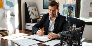 Writer at a desk with oil industry materials.