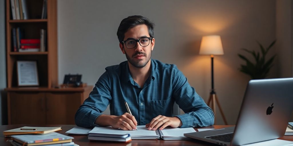 Writer working on article submission at a desk.