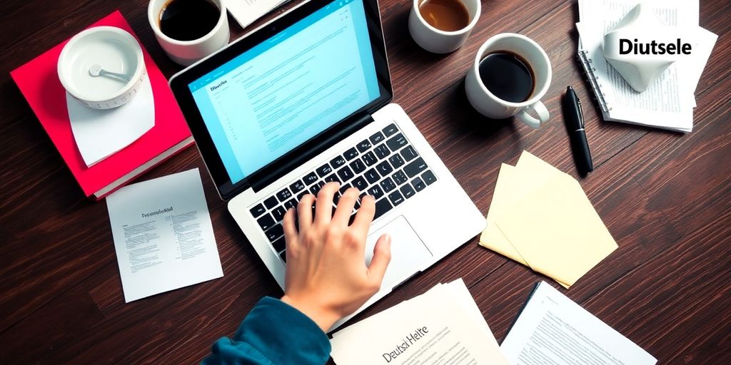 Person typing on a laptop with notes and coffee.