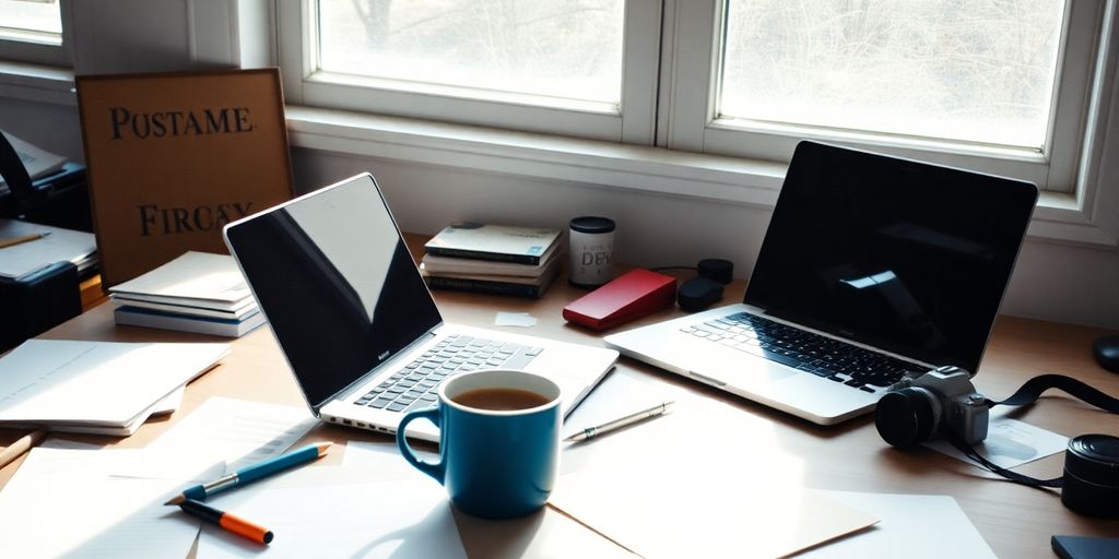 Desk with laptop, coffee, and notes for writers.