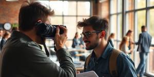 Photographer capturing a journalist in a busy newsroom.