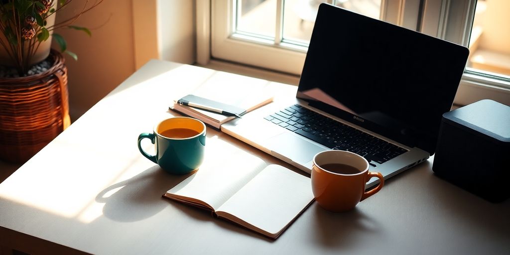 Cozy workspace with laptop, notebook, and coffee.