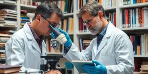 Researcher in lab coat working in a science lab.