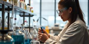 Scientist working in a laboratory with chemical equipment.