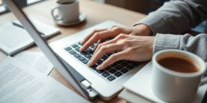 Person typing on a laptop with coffee and notes.