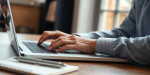 Person typing on laptop in a cozy workspace.