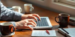 Journalist typing on laptop with coffee and notepads.