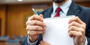 Lawyer with notepad in a courtroom setting.