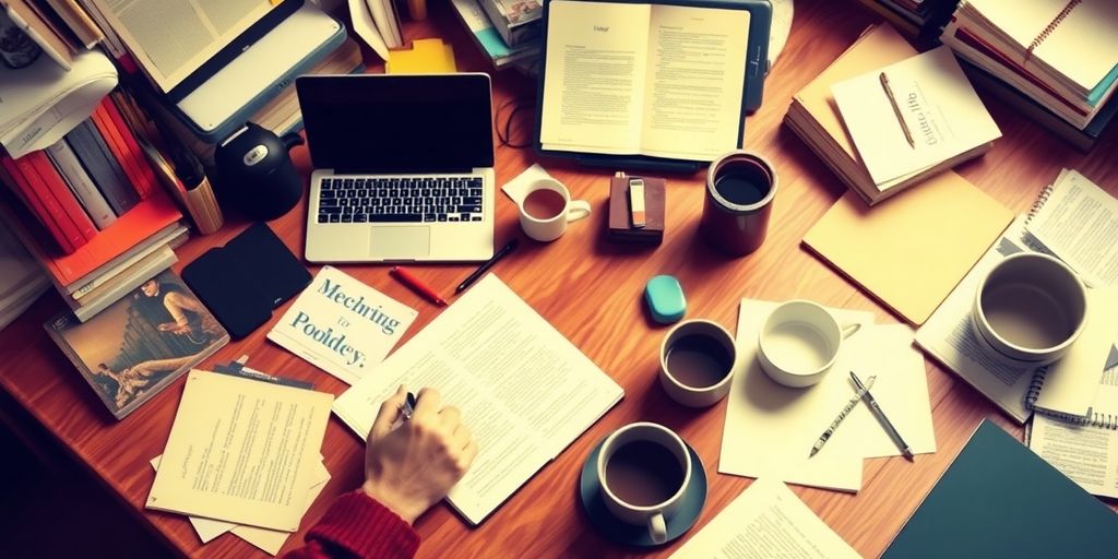 A writer at a desk with notes and coffee.