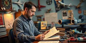 Aviation professional working on a manuscript in an office.