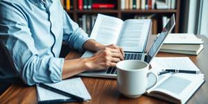 Writer typing on laptop at a desk with notes.