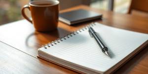 Notebook and pen on a wooden desk with coffee.