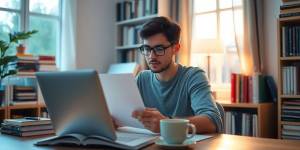 Writer at desk with laptop and coffee cup.