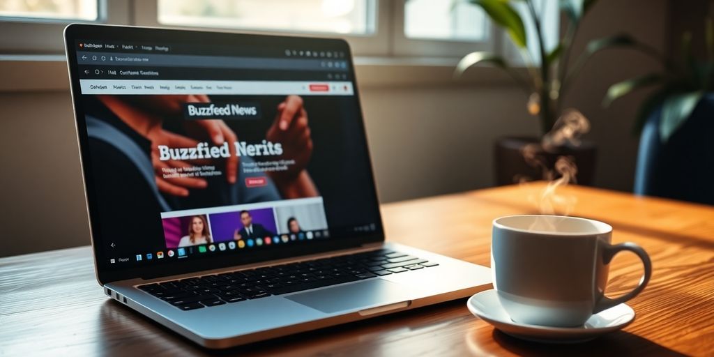 Laptop with BuzzFeed News on screen and coffee.