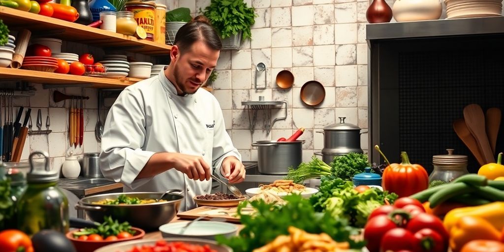 Chef cooking with fresh ingredients in a bright kitchen.