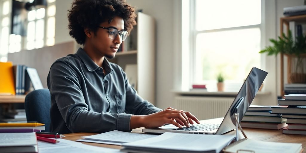 Journalist typing on a laptop in a bright office.