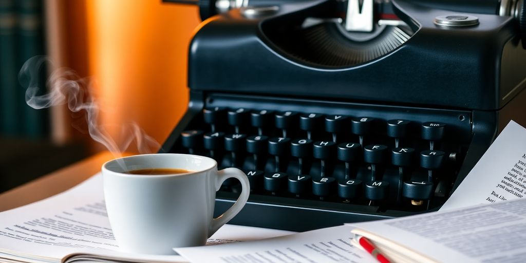 Typewriter with coffee and scattered pages on table.