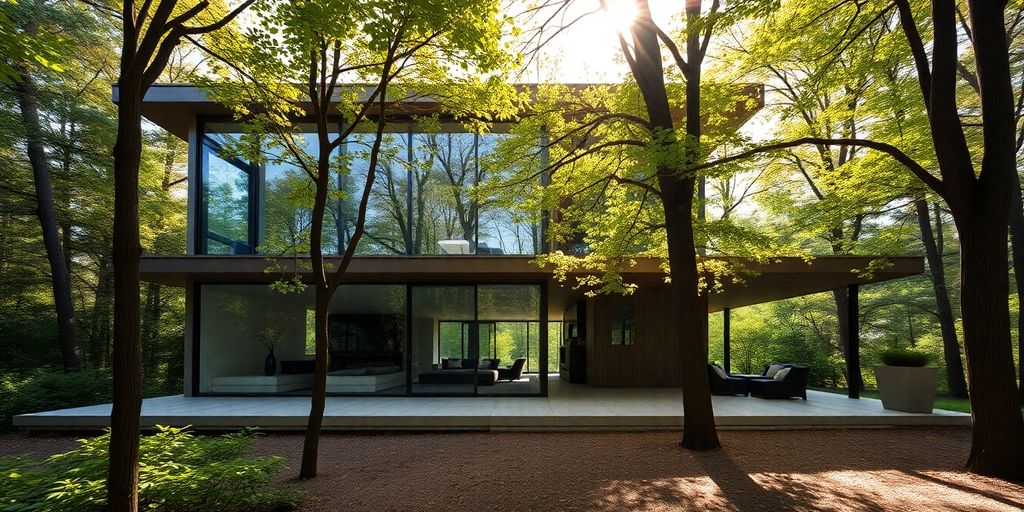 Modern home surrounded by trees and natural light.