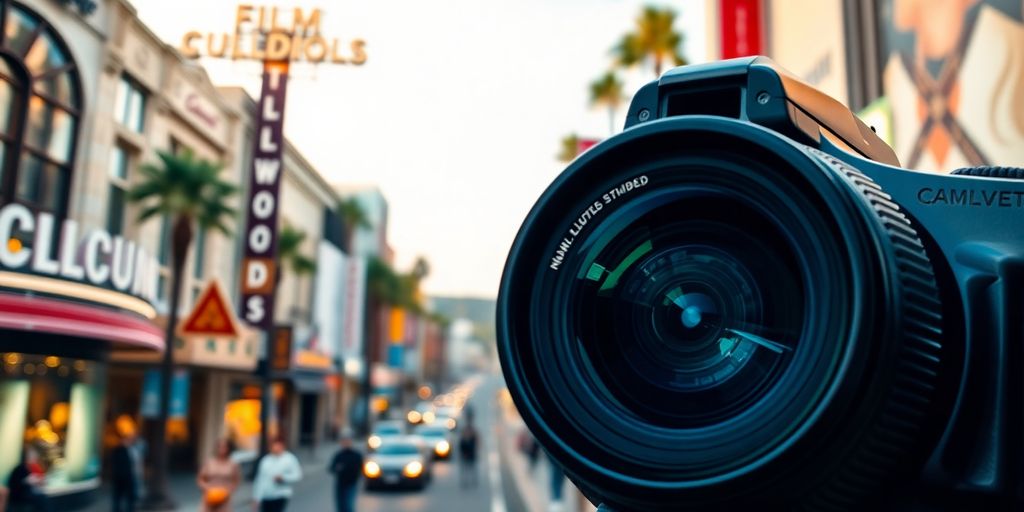 Camera lens with Hollywood street and film studios backdrop.