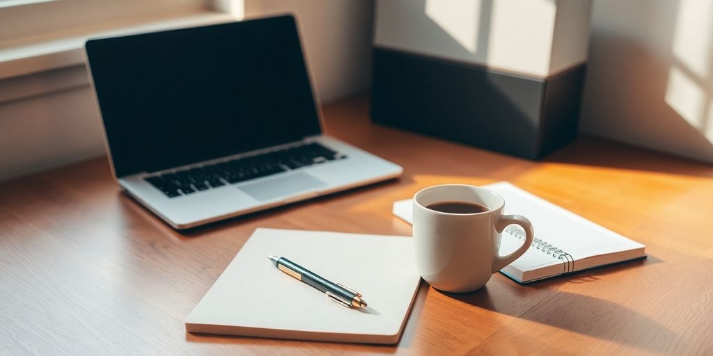 A laptop and notepad on a desk.