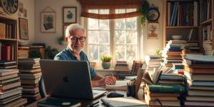 A writer working at a desk with books.