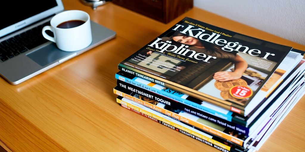 Magazines on a desk with laptop and coffee cup.