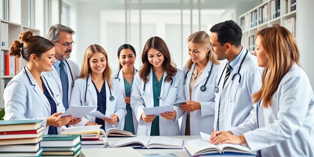 Healthcare professionals collaborating in a bright office environment.