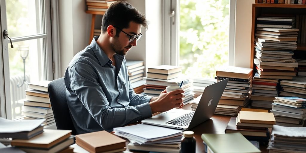 Writer focused on laptop in a cozy workspace.