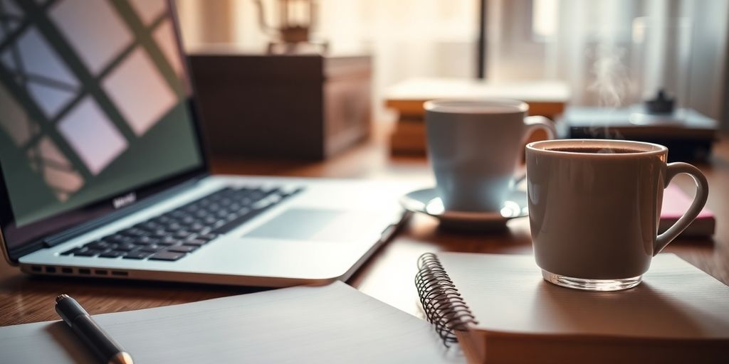 Writer's desk with laptop, notepad, and coffee.