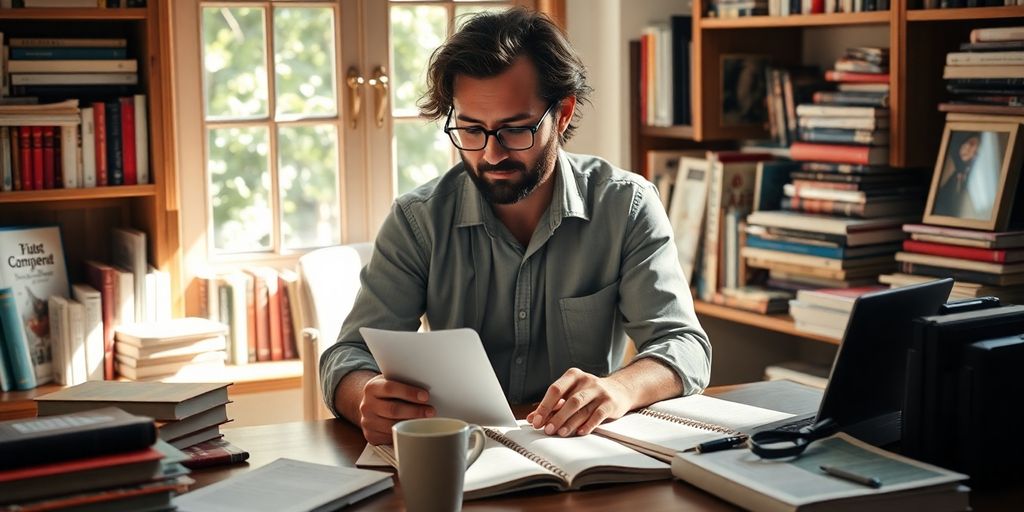 Author writing at a desk filled with inspiration.