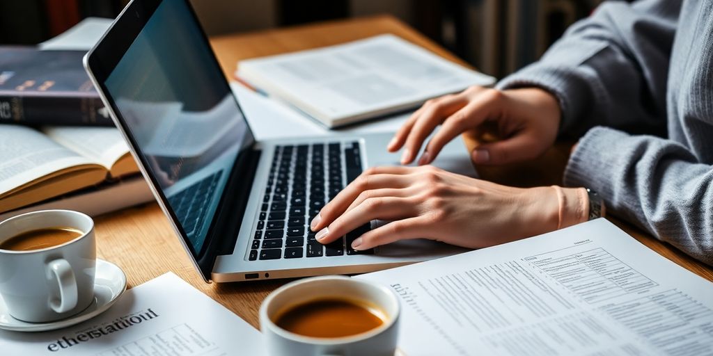 Person typing on a laptop with books and coffee.