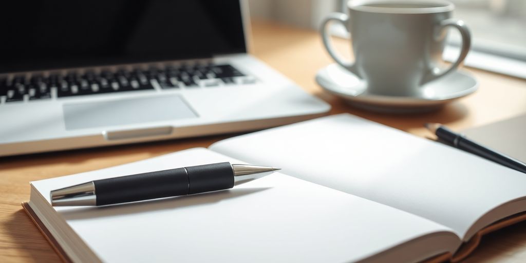 Pen and notebook with laptop and coffee cup.