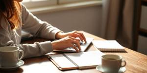 Person typing on a laptop at a cozy desk.