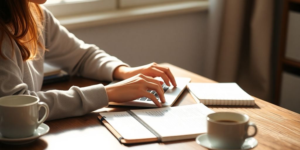 Person typing on a laptop at a cozy desk.