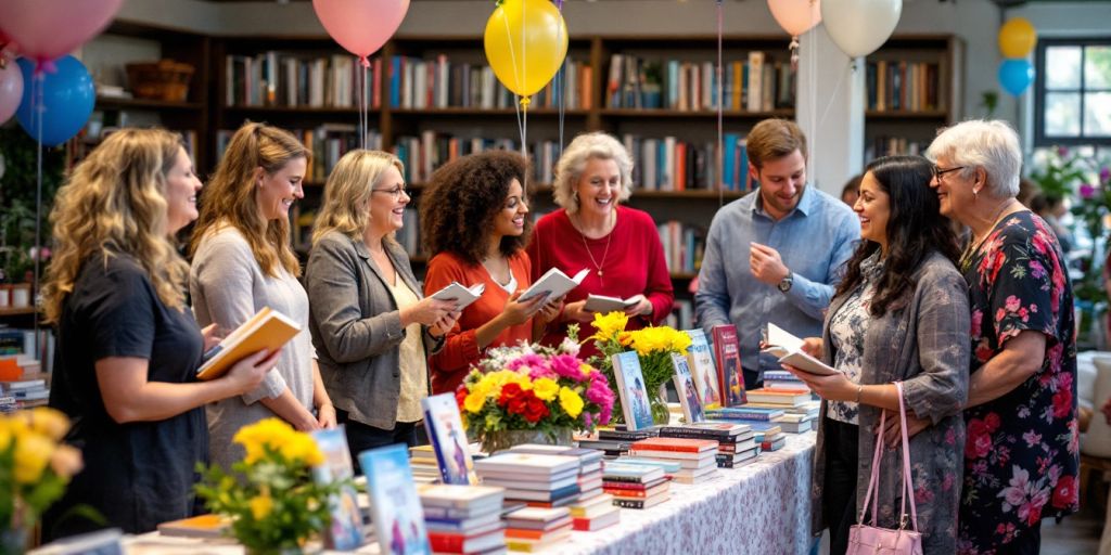 A lively book launch with readers and authors mingling.