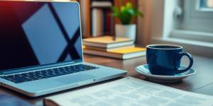 A workspace with a laptop and coffee cup.