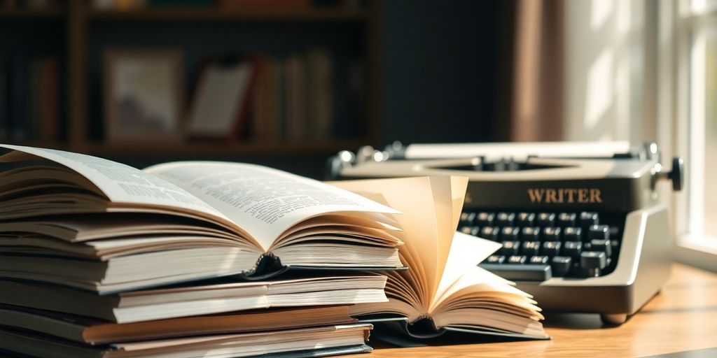 Open books and typewriter on a wooden table.