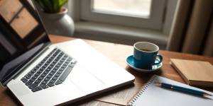 A writer's workspace with a laptop and coffee.