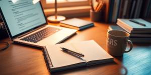 A workspace with a laptop and notebook.