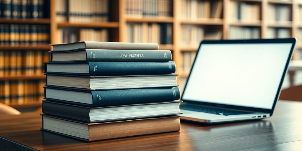 Legal books and a laptop on a desk.