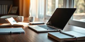 A laptop on a desk with notebooks and coffee.