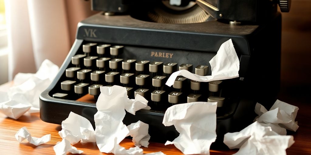 Typewriter with crumpled papers on a wooden desk.