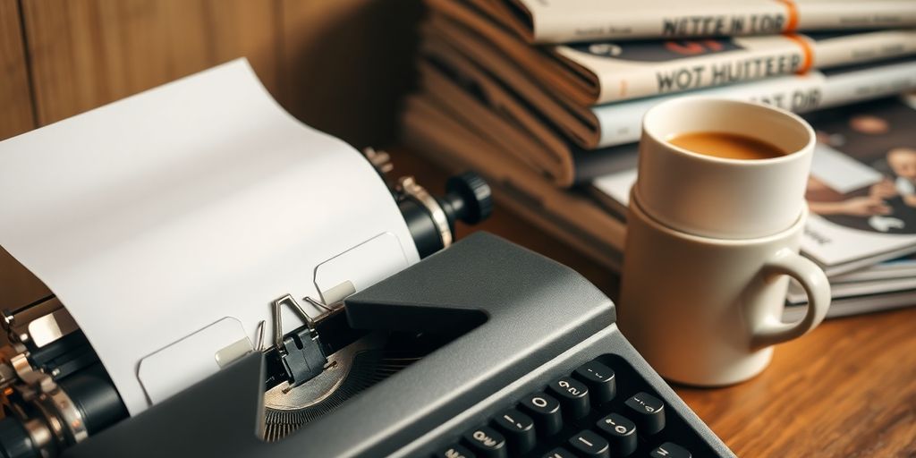 Typewriter, coffee cup, and literary magazines on table.