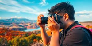 Photographer capturing a scenic landscape with a camera.