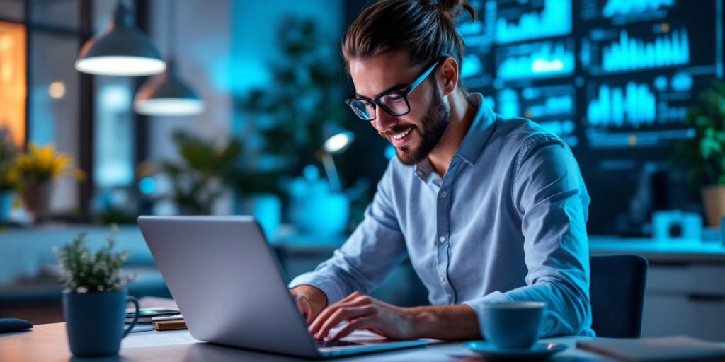 Tech professional working on laptop in a modern workspace.