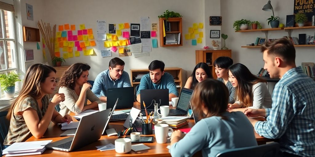 Writers brainstorming in a vibrant creative workspace.