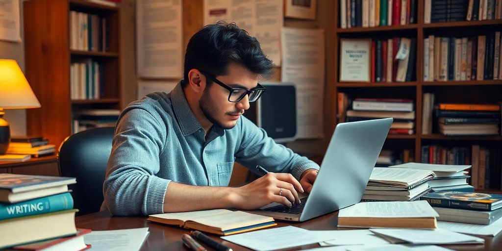 Person concentrated on writing at a cozy desk.