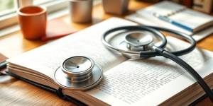 Open journal with stethoscope on a wooden desk.