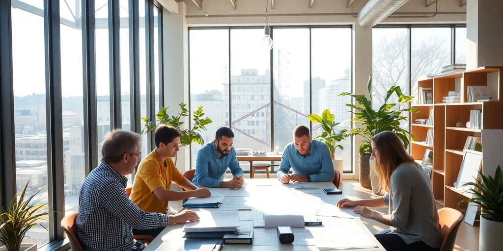 Architects collaborating in a bright, modern workspace.