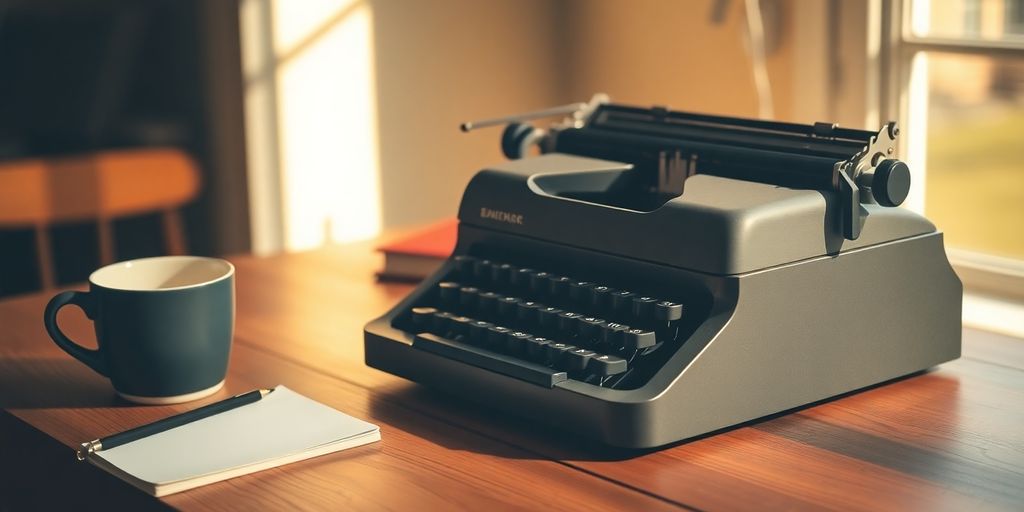 Typewriter on desk with notepad and coffee cup.